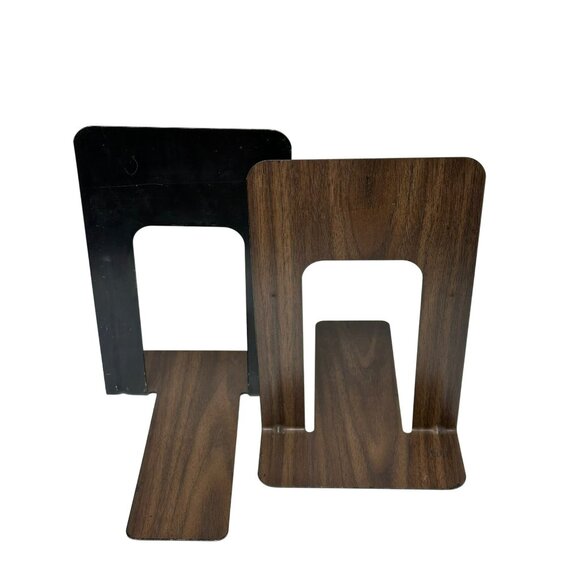 Industrial Black Metal Bookends Set of 2 Faux Wood Grain Heavy Duty 5.5"x9" - Picture 1 of 9